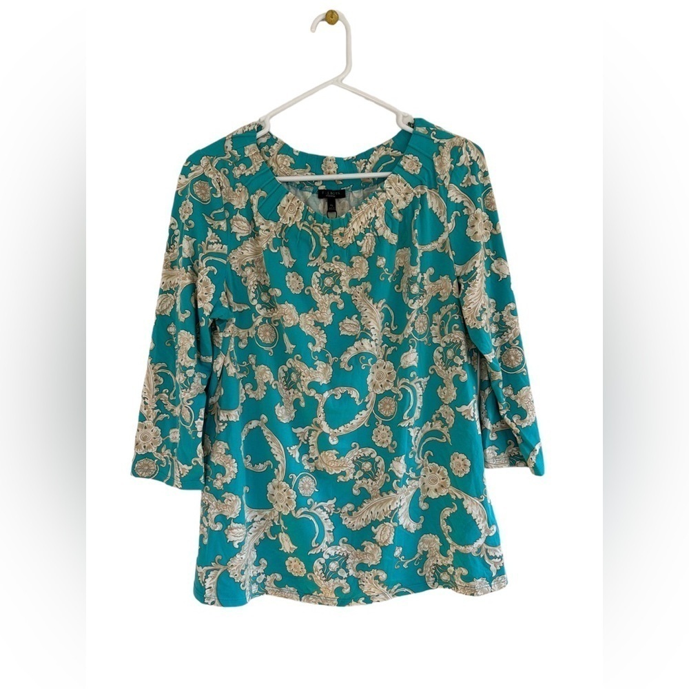 Talbots blouse size XL pintucks neckline 3/4 sleeves blue tan leafy print